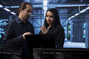 employees discussing network security